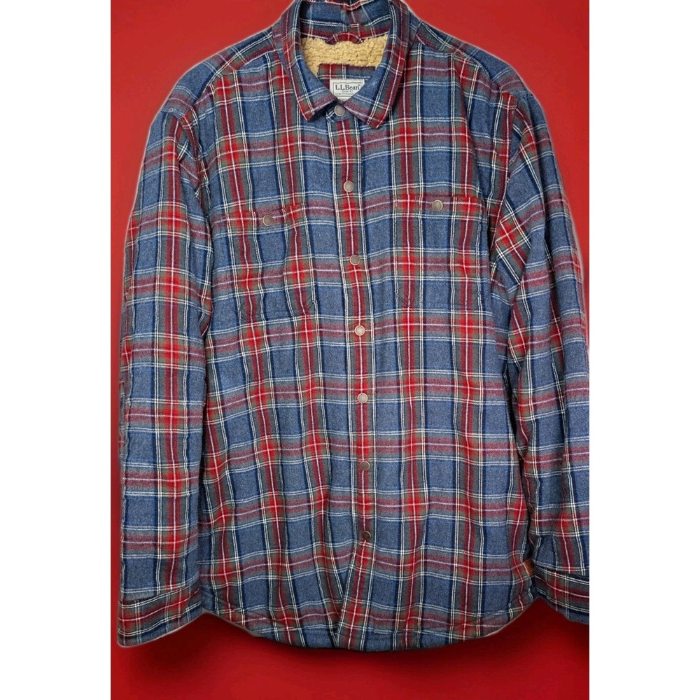L L Bean Men Slightly Fitted Sherpa Lined Flannel Shirt Jacket Plaid Size Large